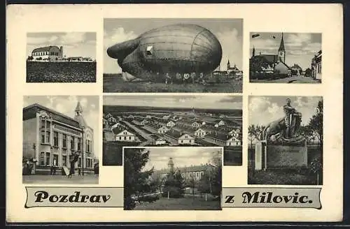 AK Milowitz / Milovice, sechs Ansichten des Ortes und Zeppelin