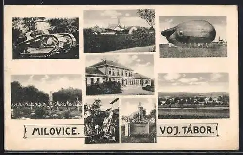 AK Milowitz / Milovice, Zeppelin, Kettenfahrzeug, Denkmal, Friedhof