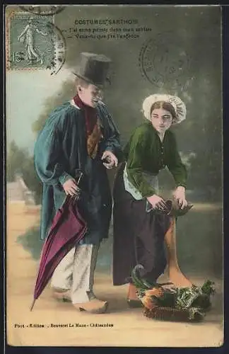 AK Costume Sarthois, Mann und Frau in Tracht, Pays de la Loire