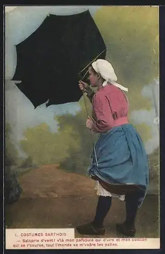 AK Costume Sarthois, Frau mit Regenschirm, Pays de la Loire