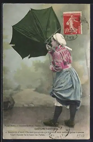 AK Costume Sarthois, Frau mit Regenschirm, Pays de la Loire