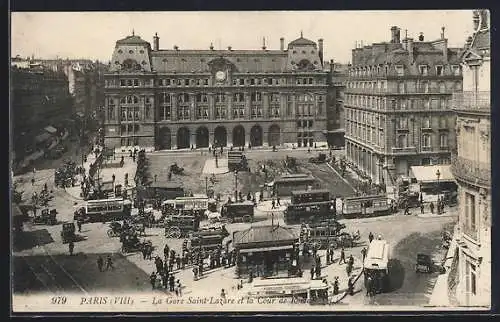 AK Paris, La Gare Saint-Lazare et la Cour de Rome, Strassenbahn