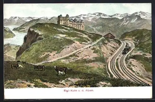 Künstler-AK Rigi-Kulm, Bergbahn, Hotel, Alpen, Kühe auf der Wiese