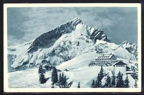 AK Kreuzeckhaus, Ansicht der Berghütte mit Alpspitze