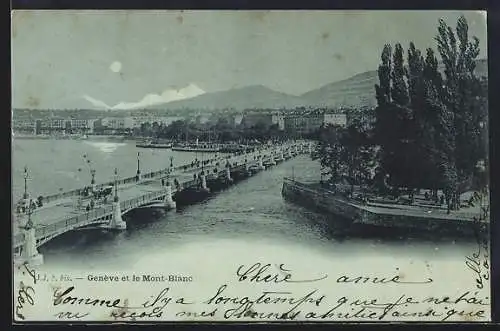 Mondschein-AK Genève, Stadtpanorama mit dem Mont-Blanc