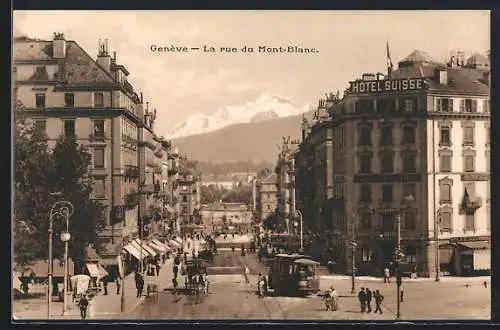 AK Genève, La rue du Mont-Blanc, Strassenbahn