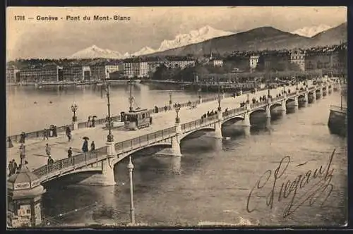 AK Genève, Pont du Mont-Blanc, Strassenbahn