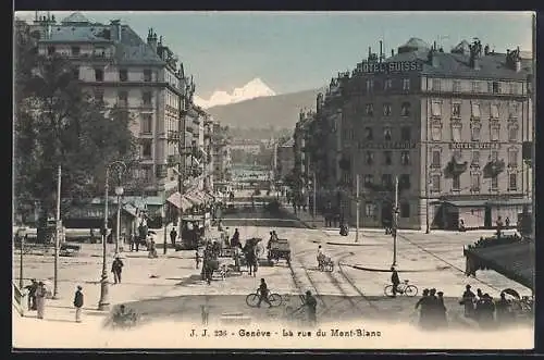 AK Généve, La rue du Mont-Blanc, Strassenbahn