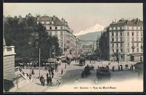 AK Genève, Rue du Mont-Blanc, Strassenbahn am Hotel Schweizerhof