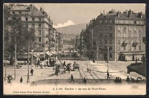 AK Généve, La rue du Mont-Blanc, Strassenbahn