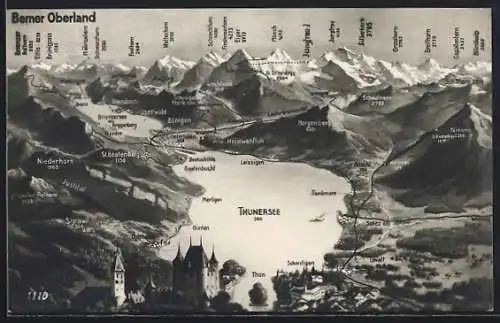 AK Thun, Panorama mit Thunersee, Merligen und Thun, Bergpanorama mit Jungfrau, Mönch und Eiger