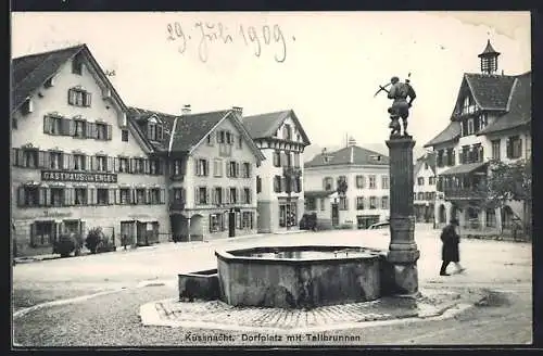 AK Küssnacht, Dorfplatz mit Tellbrunnen, Gasthaus zum Engel