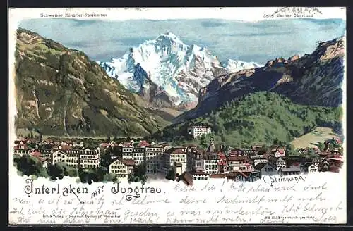 Künstler-AK C. Steinmann Nr. 2138: Interlaken, Häuser im Ort mit Jungfrau im Hintergrund