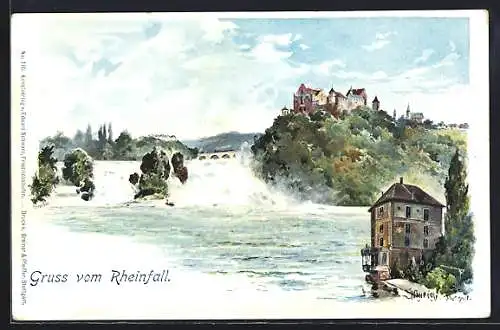 Künstler-AK Rheinfall, Ortsansicht, Schlösschen Wörth