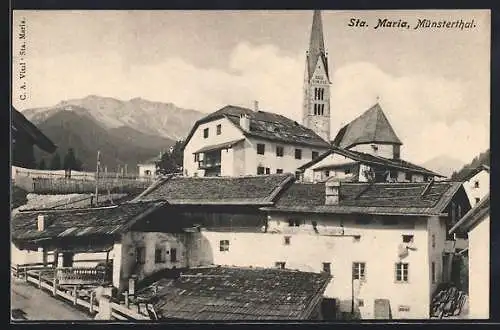 AK Sta. Maria, Münsterthal, Blick auf die Kirche mit Berglandschaft im Hintergrund