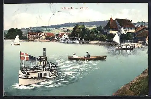 AK Küsnacht, Ortspartie mit Dampfschiff und Ruderboot