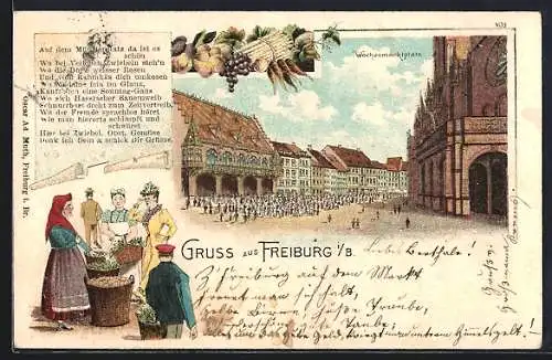 Lithographie Freiburg / Breisgau, Wochenmarktplatz, Marktfrauen & Gedicht