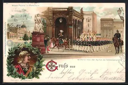 Lithographie Potsdam, Neues Palais, Wilhelm II. an der Spitze der Fahnenkompagnie