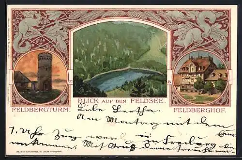 AK Feldberg / Schwarzwald, Feldbergturm, Blick auf den Feldsee & Feldberghof