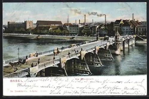 AK Basel, Alte Rheinbrücke mit Strassenbahn