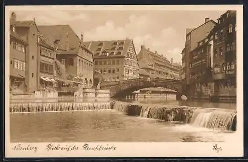 AK Nürnberg, Blick auf die Fleischbrücke vom Wehr aus