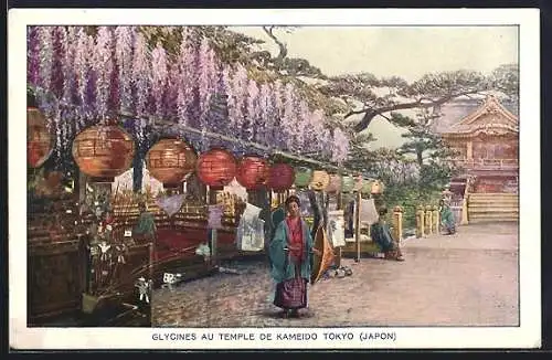 AK Tokyo / Tokio, Glycines au Temple de Kameido, Japanerin in Tempel voller Lampions