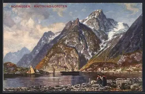 AK Raftsund-Lofoten, Partie am Wasser mit Gebirgspanorama, Dampfer