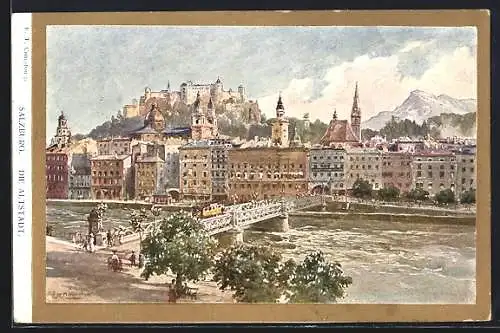 Künstler-AK Edward Theodore Compton: Salzburg, Die Altstadt mit Strassenbahn