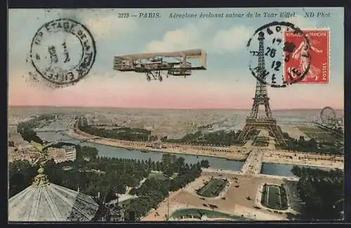 AK Paris, Flugzeug über dem Eiffelturm