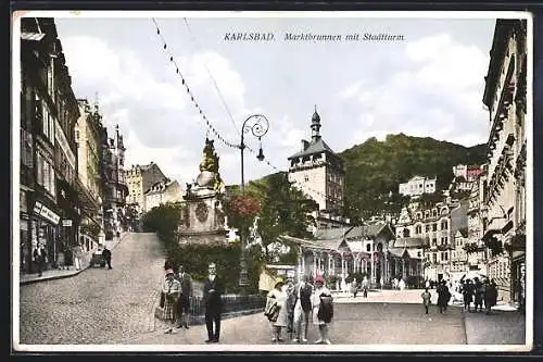 AK Karlsbad, Marktbrunnen mit Stadtturm