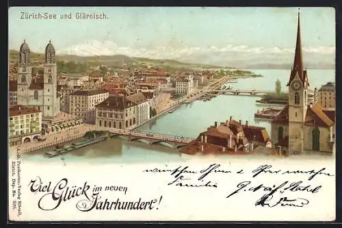 Lithographie Zürich, Innenstadt mit Zürich-See und Glärnisch