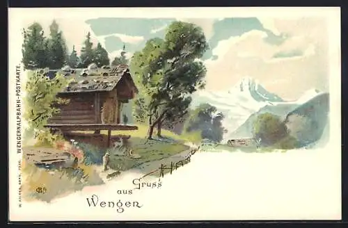 Lithographie Wengen, Vereinzelt stehende Gehöfte