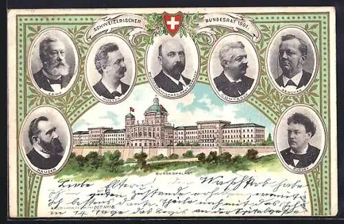 Lithographie Bern, Schweizerischer Bundesrat 1900, Portraits und Bundespalast