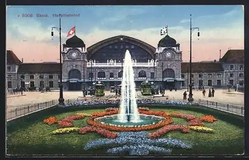 AK Basel, Hauptbahnhof mit Springbrunnen