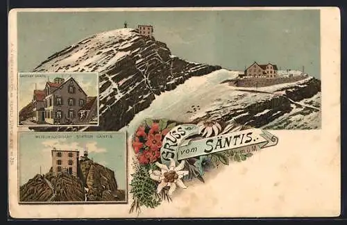 Lithographie Säntis, Gasthof Säntis, Meteorologische Station, Edelweiss