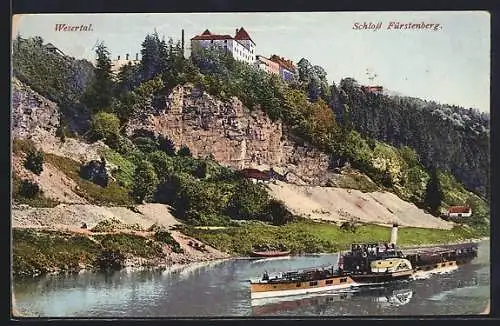 AK Fürstenberg /Weser, Schloss mit Flusspartie und Dampfer