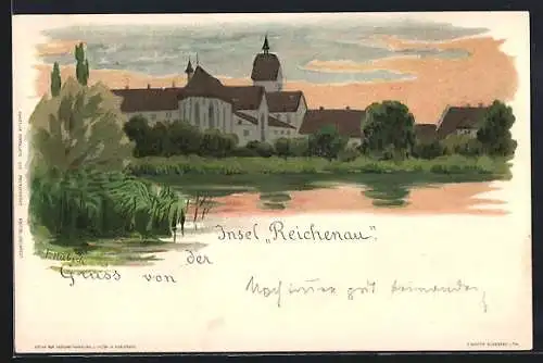Lithographie Reichenau / Bodensee, Totalansicht