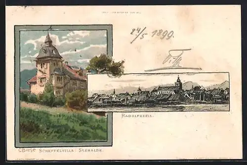 Künstler-Lithographie Carl Biese: Radolfszell, Scheffelvilla Seehalde, Blick zum Ort