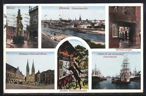 AK Bremen, Roland, Rathaus mit Dom und Börse, Hafen II mit Segelschulschiff Deutschland, Bremer Stadtmusikanten