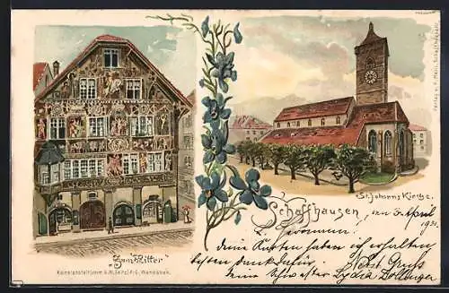 Lithographie Schaffhausen, Ansicht auf Haus Zum Ritter, St. Johanns Kirche