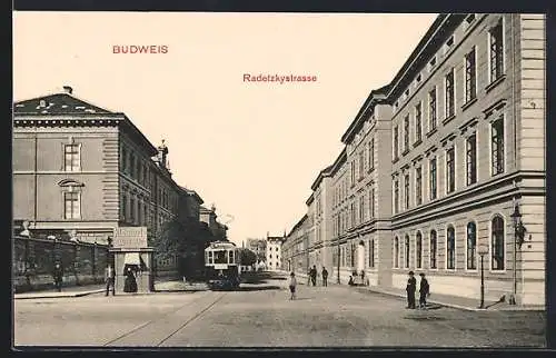 AK Budweis, Radetzkystrasse mit Strassenbahn