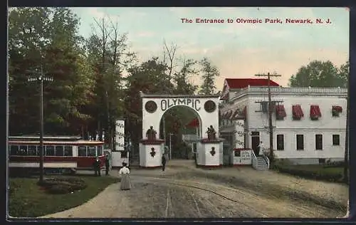 AK Newark, NJ, The Entrance to Olympic Park, Strassenbahn