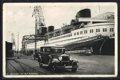 AK Auto Horch und Passagierschiff Bremen vor der Ausreise, Nordd. Lloyd