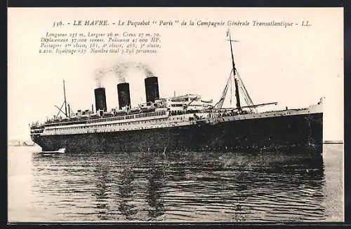 AK Passagierschiff Paris auf See, Compagnie Générale Transatlantique