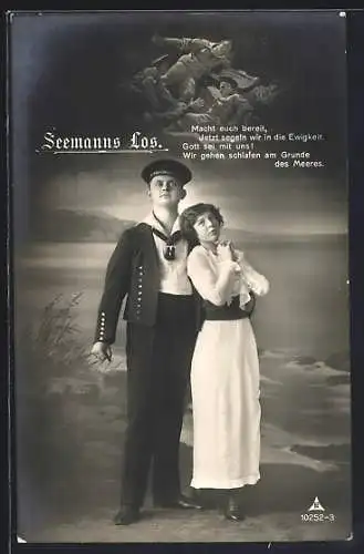 AK Seemanns Los, Matrose mit seiner jungen Frau, Mützenband V. Torpedoboot Div.