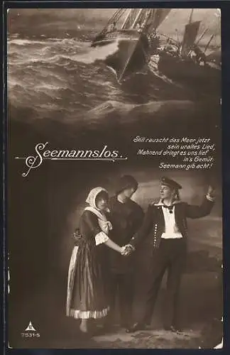 Foto-AK Photochemie Berlin Nr. 2531-5: Seemannslos, Dame in Tracht mit zwei Matrosen, Schiffe auf hoher See