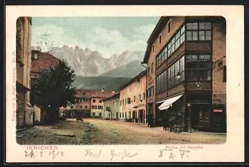 AK Innichen, Strassenpartie mit Blick auf den Haunold