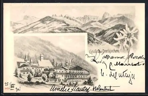 Lithographie Dreikirchen, Ortspartie, Gebirgs-Panorama, Edelweiss