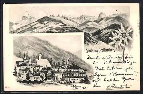 Lithographie Dreikirchen, Ortspartie mit Kirche, Gebirgs-Panorama, Edelweiss