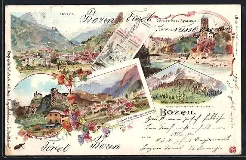 Lithographie Bozen, Ortsansicht, Schlösser Ried und Runkelstein, Gries mit Rosengarten